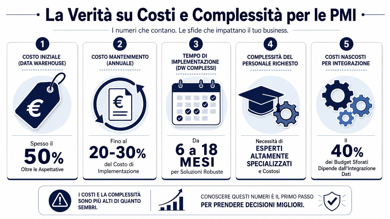 Infografica sui costi e sulla complessità dell'implementazione di data warehouse per le piccole e medie imprese.