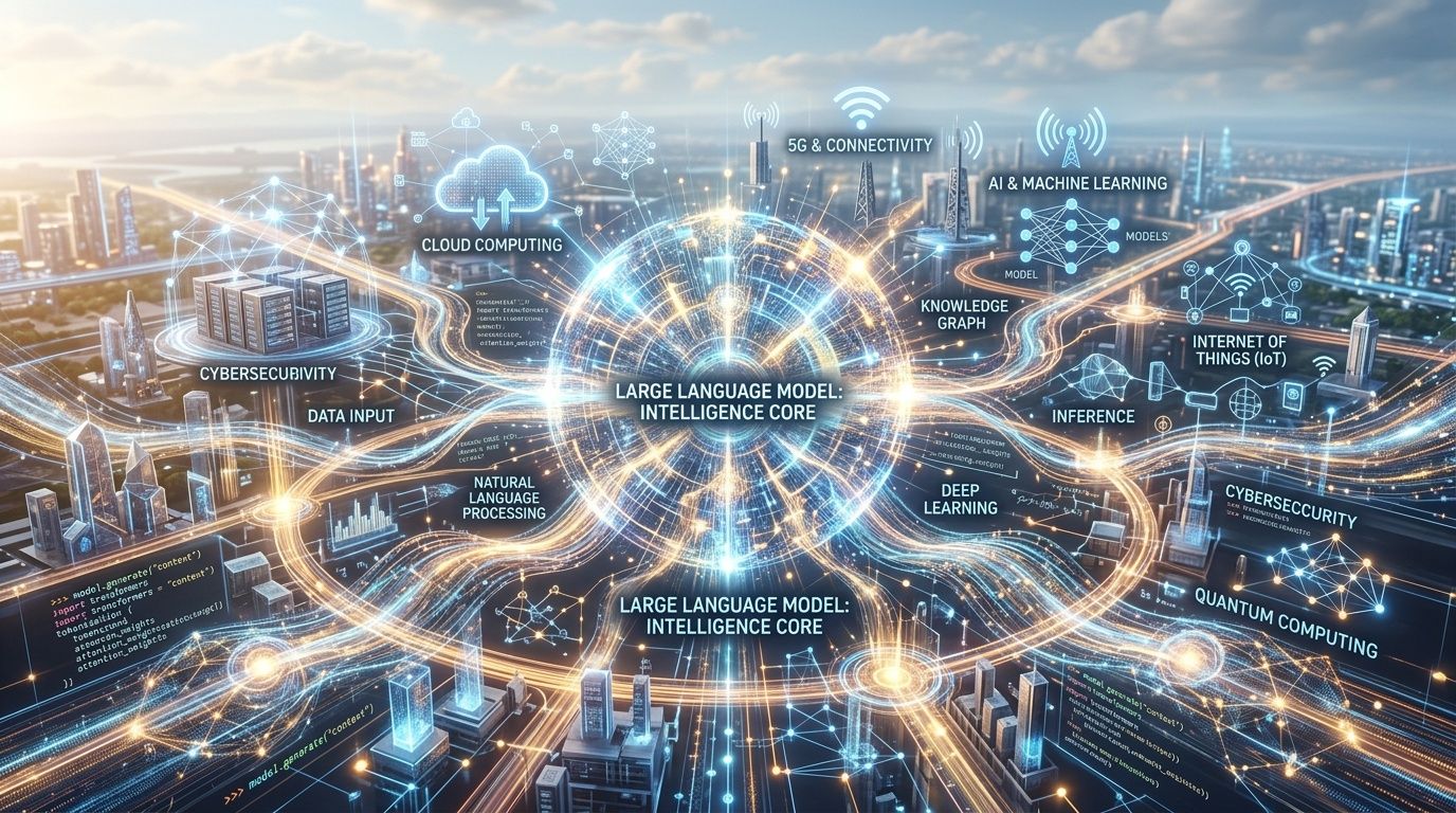 Rappresentazione visiva futuristica che mostra l'integrazione tra intelligenza artificiale, modelli linguistici avanzati e tecnologie di connettività globale.