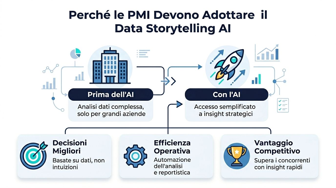 Infografica che illustra i vantaggi dell'adozione del data storytelling con intelligenza artificiale per le piccole medie imprese.
