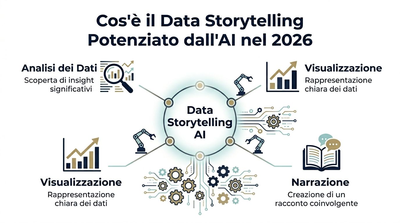 Un diagramma che illustra come l'intelligenza artificiale potenzia il data storytelling attraverso analisi, visualizzazione e narrazione.