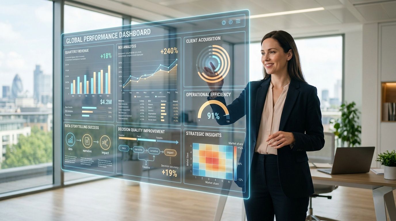 Una donna d'affari interagisce con una dashboard digitale olografica avanzata che mostra dati aziendali complessi in ufficio.