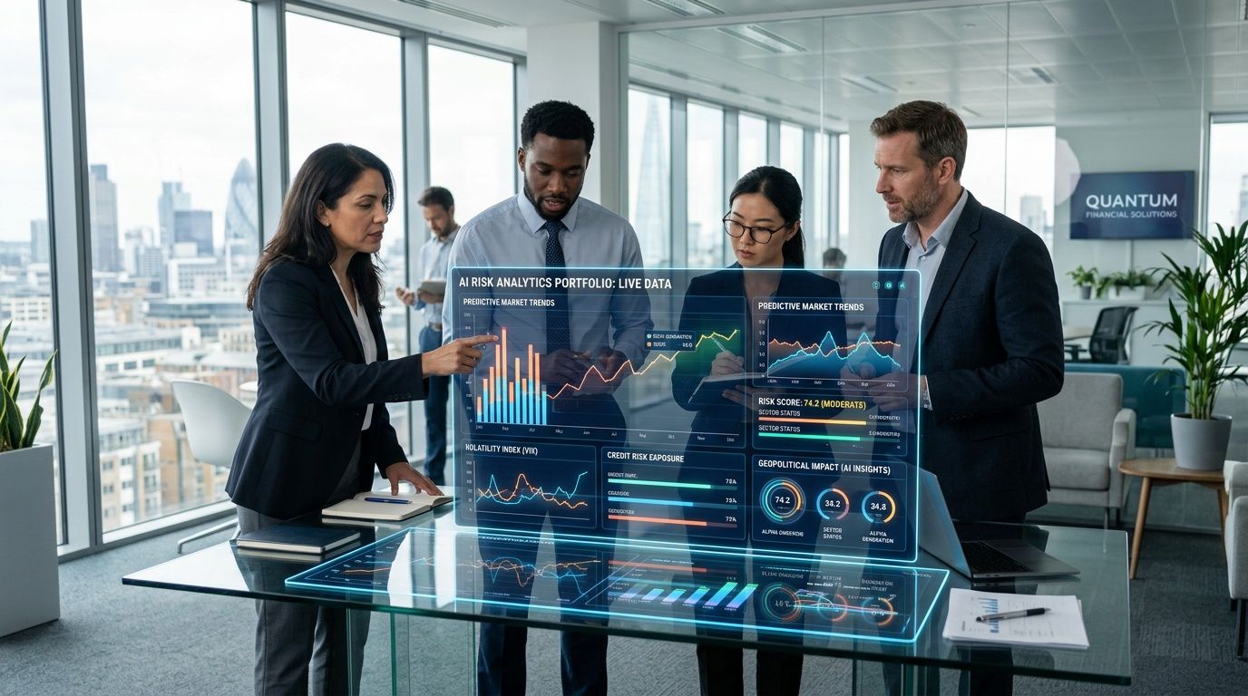 Un team di professionisti analizza dati finanziari complessi su uno schermo olografico interattivo in un ufficio moderno.