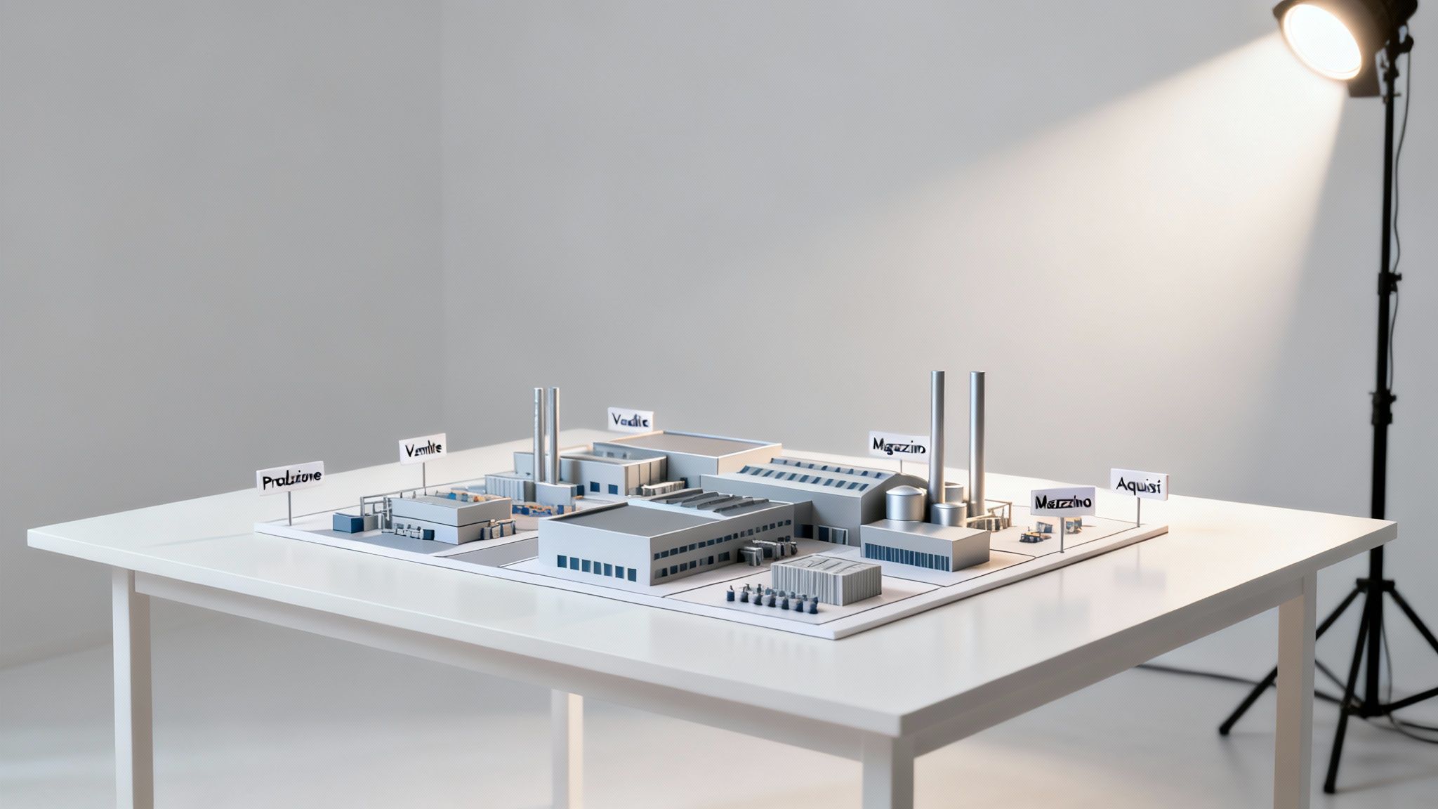 Modello in miniatura di un complesso industriale con etichette 'Produzione', 'Vendite', 'Magazzino', 'Acquisti' su un tavolo bianco illuminato.