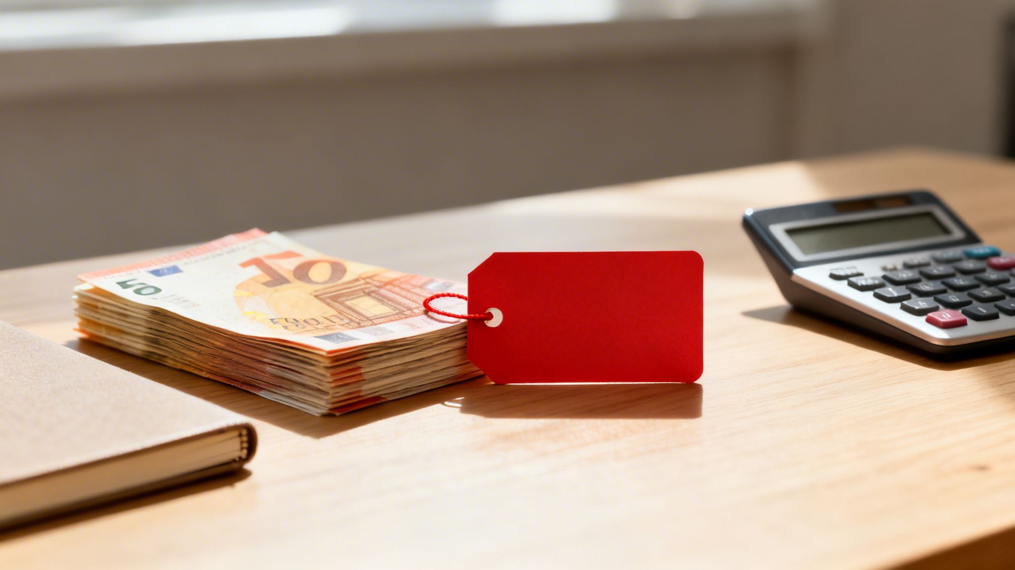 Banconote da 50 euro, un'etichetta rossa vuota, calcolatrice e quaderno su un tavolo di legno chiaro, con luce naturale.