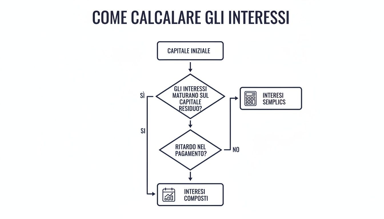 Diagramma di flusso che spiega come calcolare gli interessi, distinguendo tra semplici e composti.