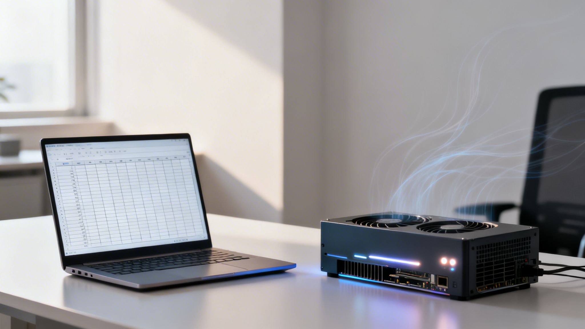 Laptop con foglio di calcolo accanto a un compatto dispositivo di calcolo con luci e flusso dati per intelligenza artificiale.