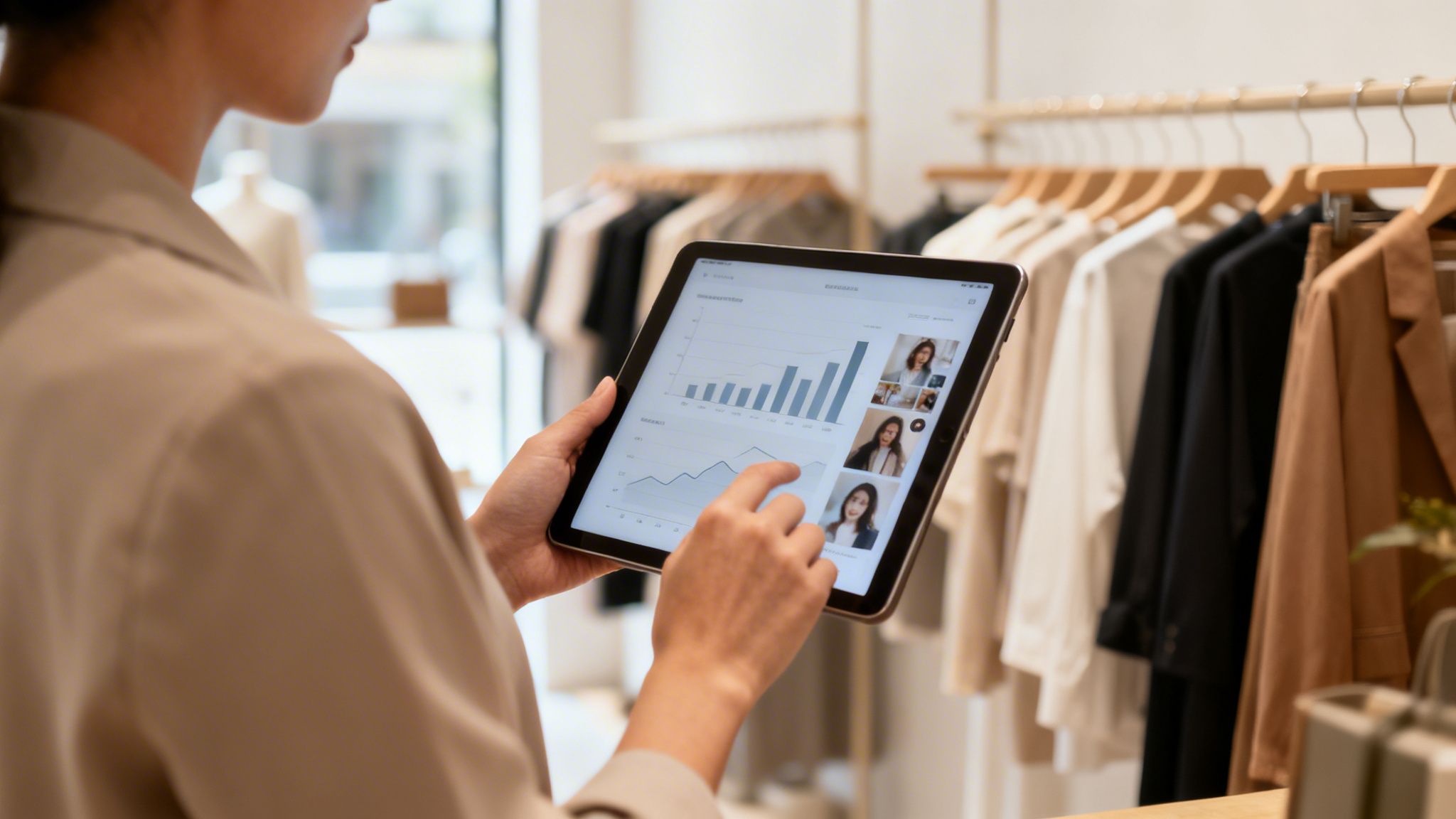 Una persona in un negozio di abbigliamento usa un tablet mostrando grafici e volti, gestendo l'attività.