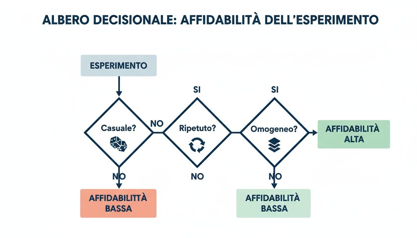 Diagramma di flusso decisionale sull'affidabilità di un esperimento, con criteri casuale, ripetuto e omogeneo.
