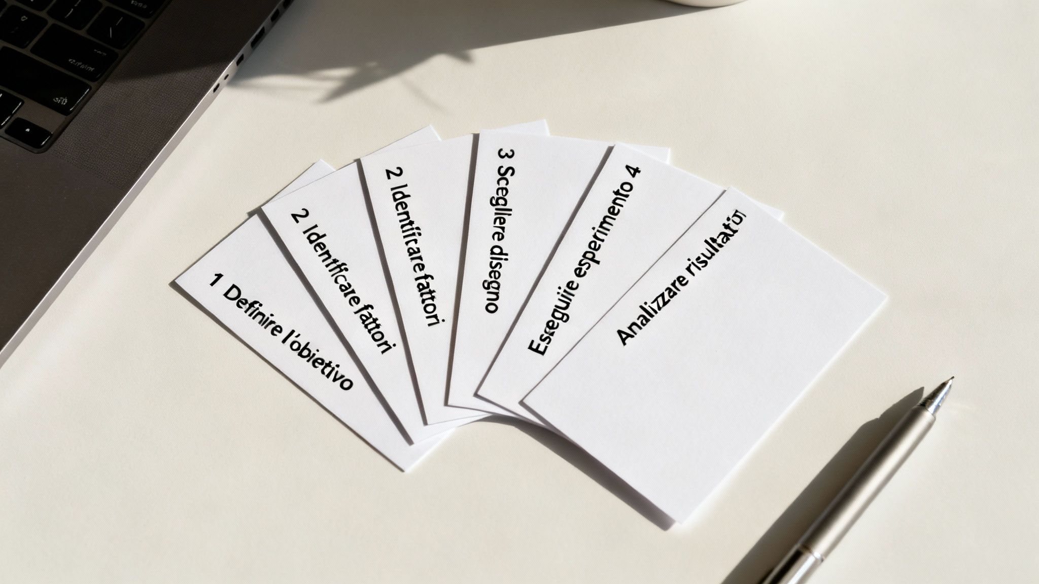Carte bianche con i passaggi per il design di esperimenti, laptop e penna su un tavolo bianco.