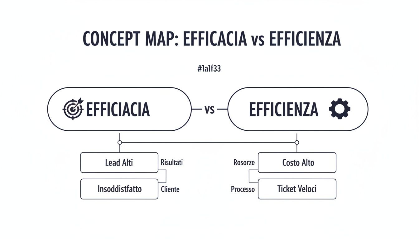 Mappa concettuale dettagliata che illustra le differenze tra efficacia ed efficienza, mostrando i concetti correlati e gli impatti sui risultati e sui processi.