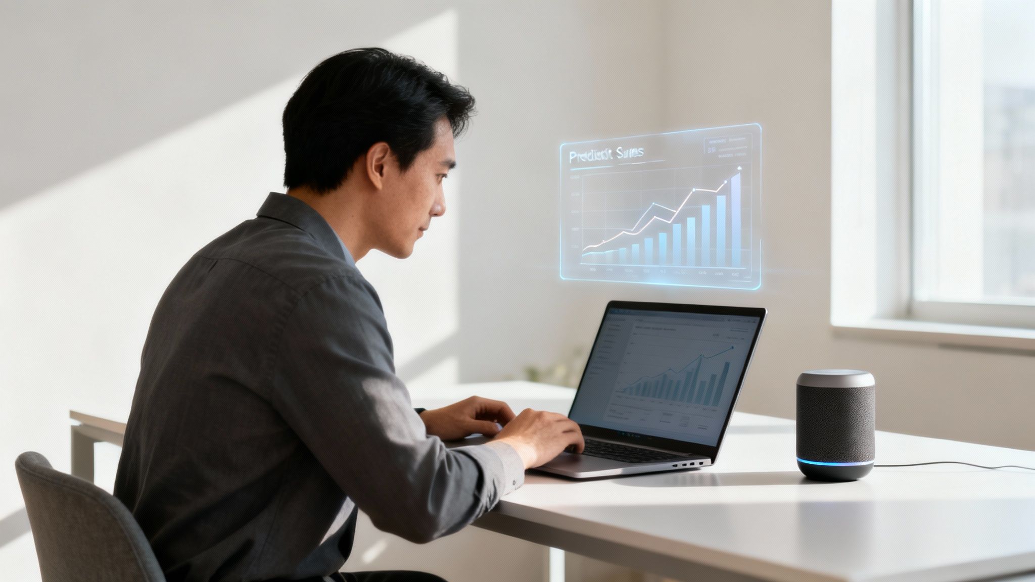 Un uomo asiatico lavora al laptop, visualizzando un grafico di vendite olografico e usando uno smart speaker.