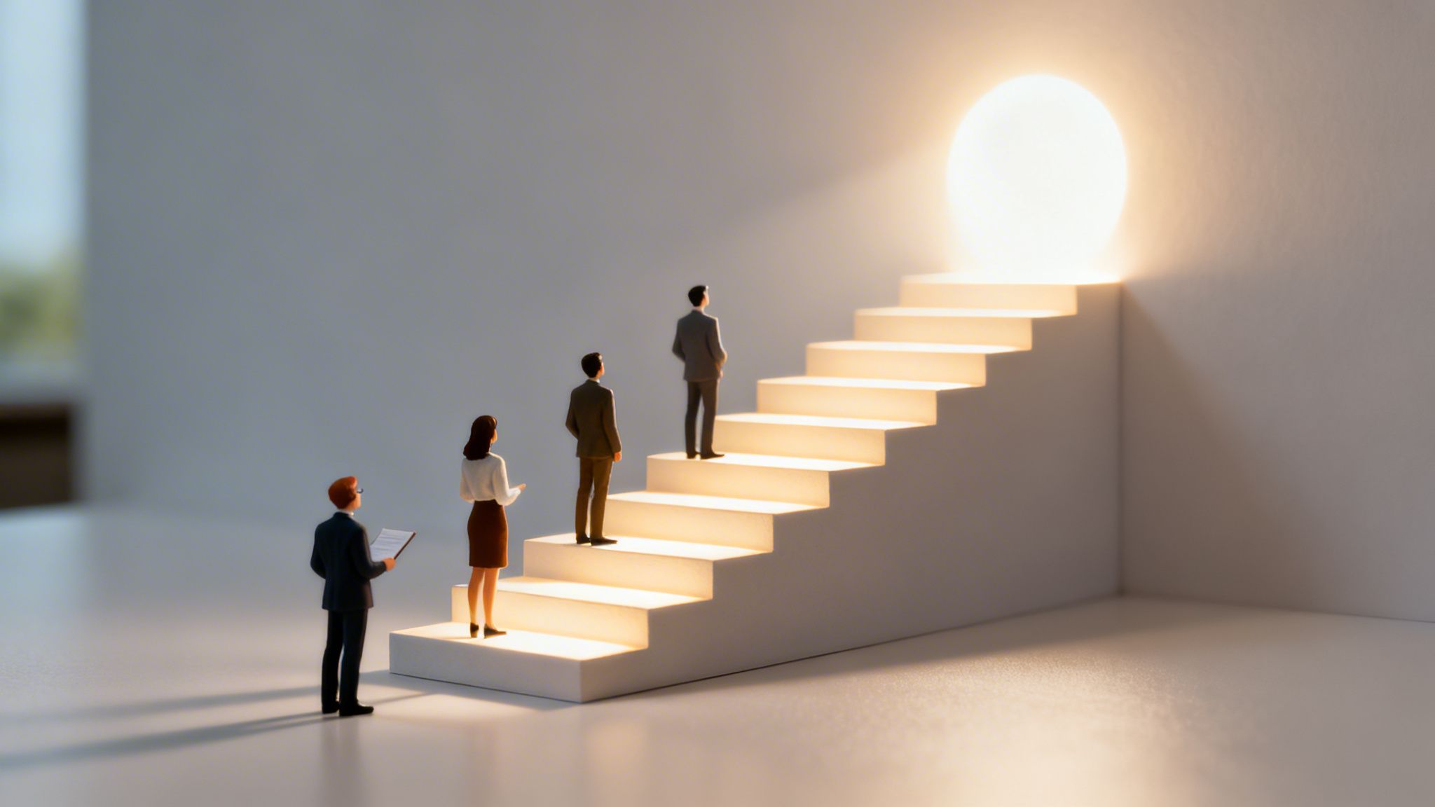Piccole figure in miniatura salgono una scala illuminata verso una luce brillante, rappresentando il progresso e il successo.