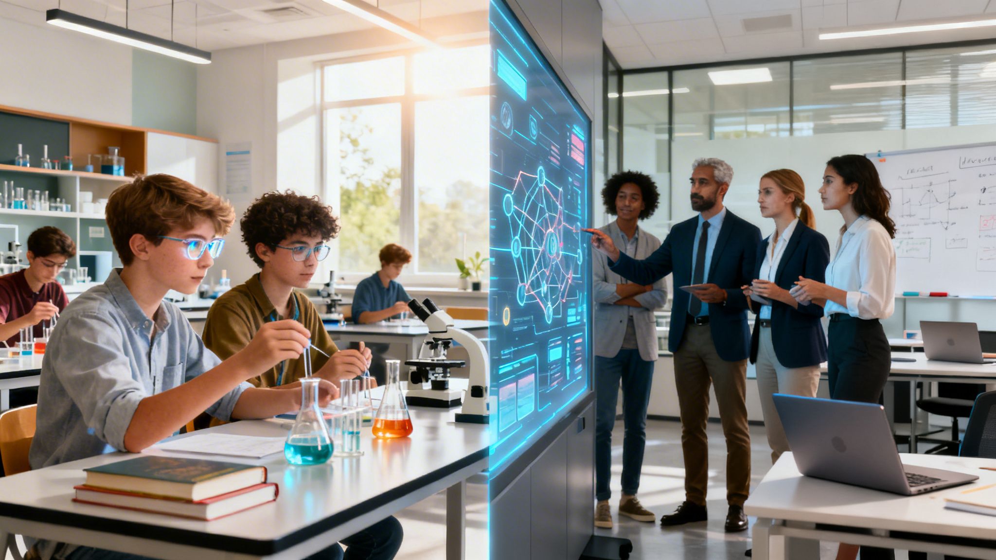 Studenti in un laboratorio scientifico moderno che utilizzano lavagne interattive digitali e attrezzature da chimica per l'apprendimento.