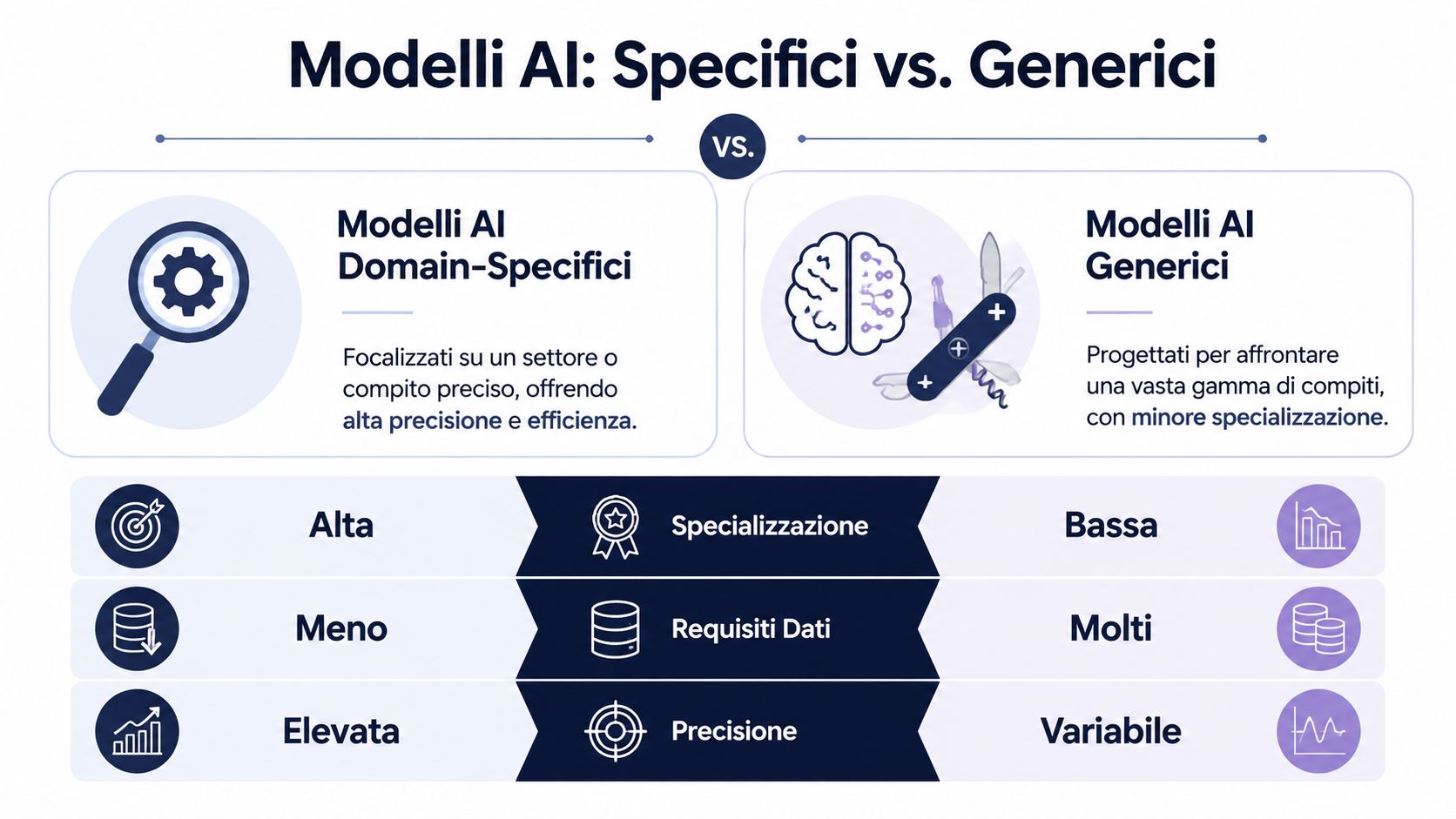 Confronto grafico tra modelli AI domain-specific focalizzati su compiti precisi e modelli AI generici versatili.