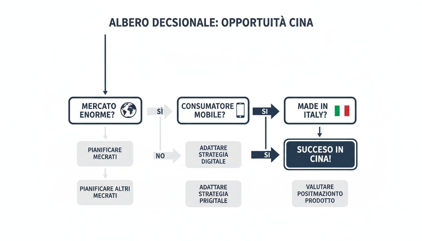 Albero decisionale sulle opportunità di business in Cina, con nodi per mercato, consumatore mobile e origine prodotto.