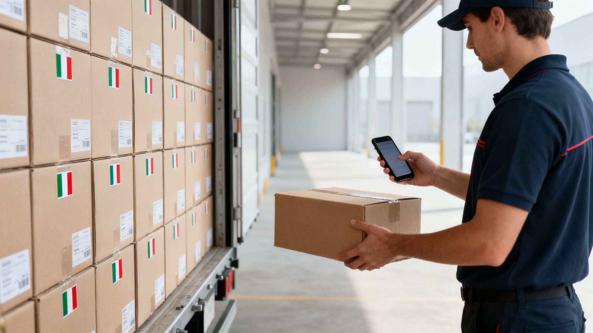 Corriere che scansiona un pacco con uno smartphone da un camion pieno di scatole marchiate con bandiere italiane.