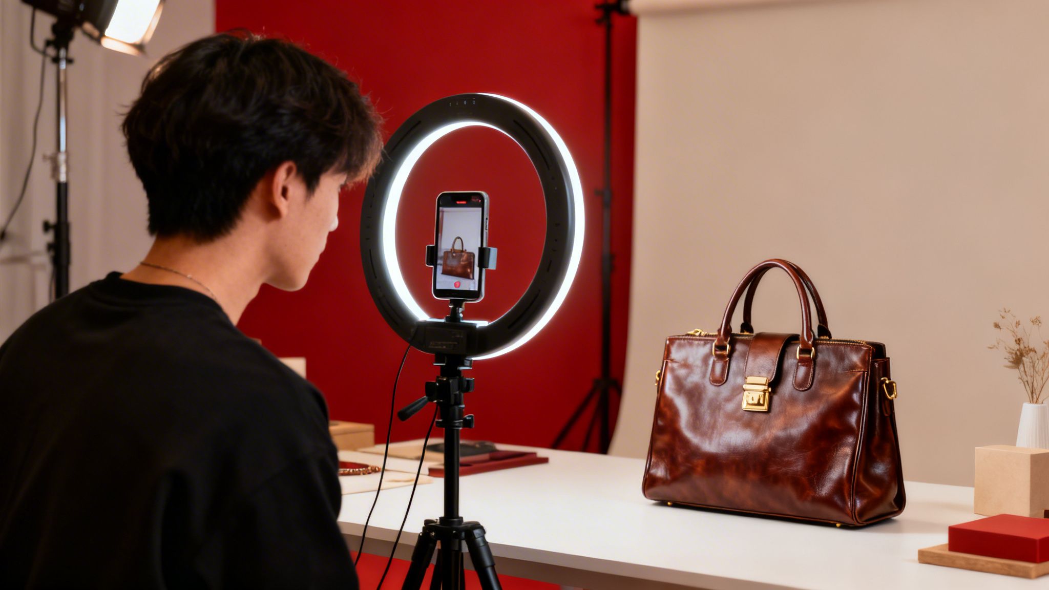 Giovane che filma una borsa in pelle marrone con smartphone e ring light per e-commerce.