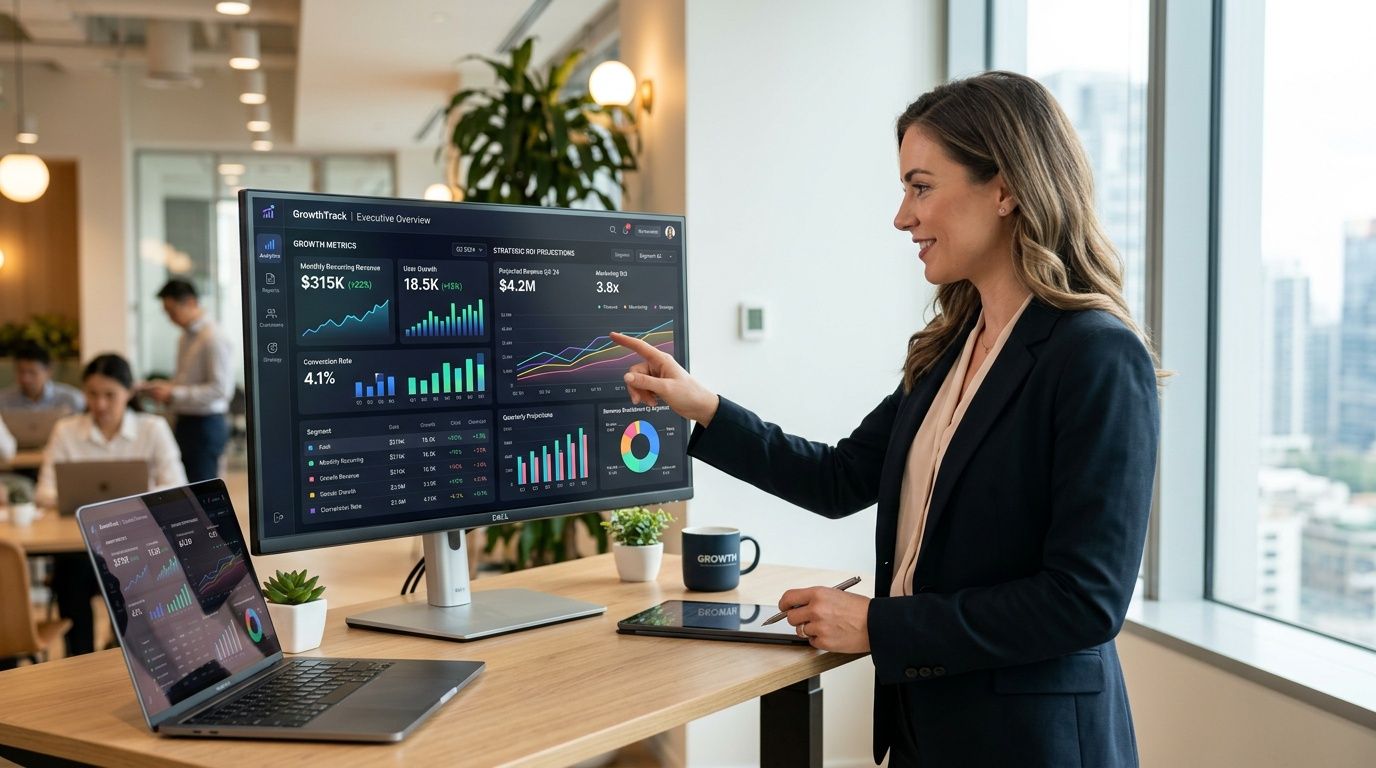 Una professionista che illustra dashboard analitiche su un grande schermo in un moderno ufficio open space.