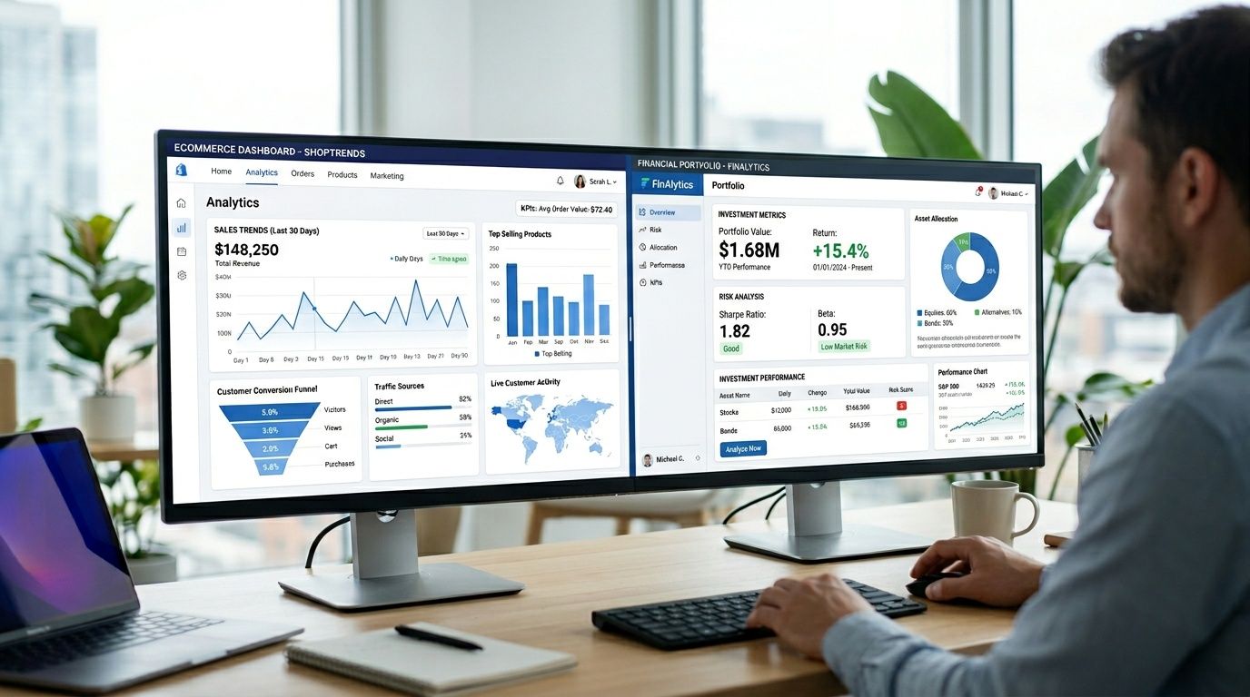 Un professionista lavora al computer analizzando cruscotti di dati e analisi aziendali su uno schermo ultra-wide.
