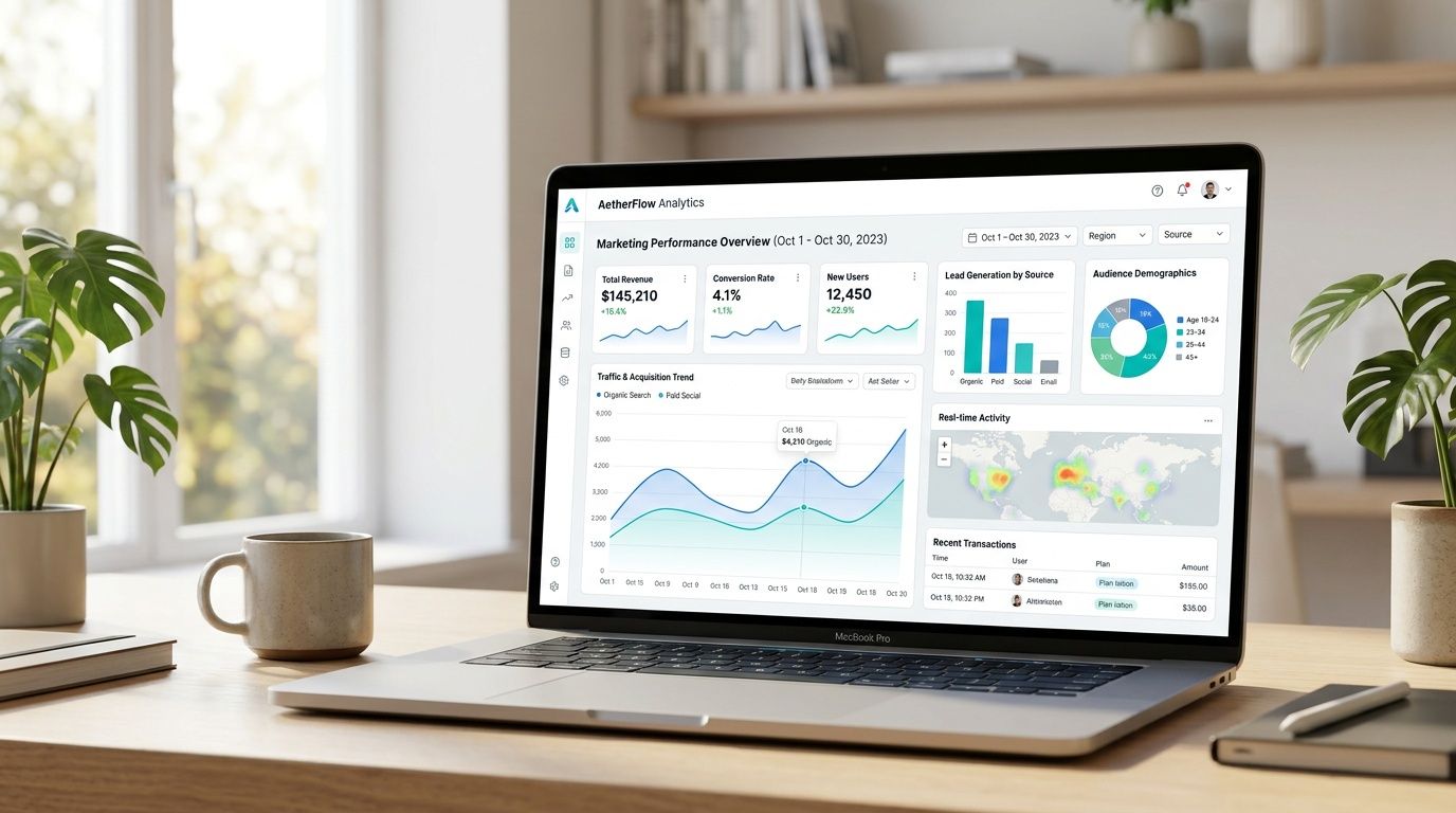 Un computer portatile su una scrivania mostra una dashboard di analisi dei dati su schermo nitido e moderno.