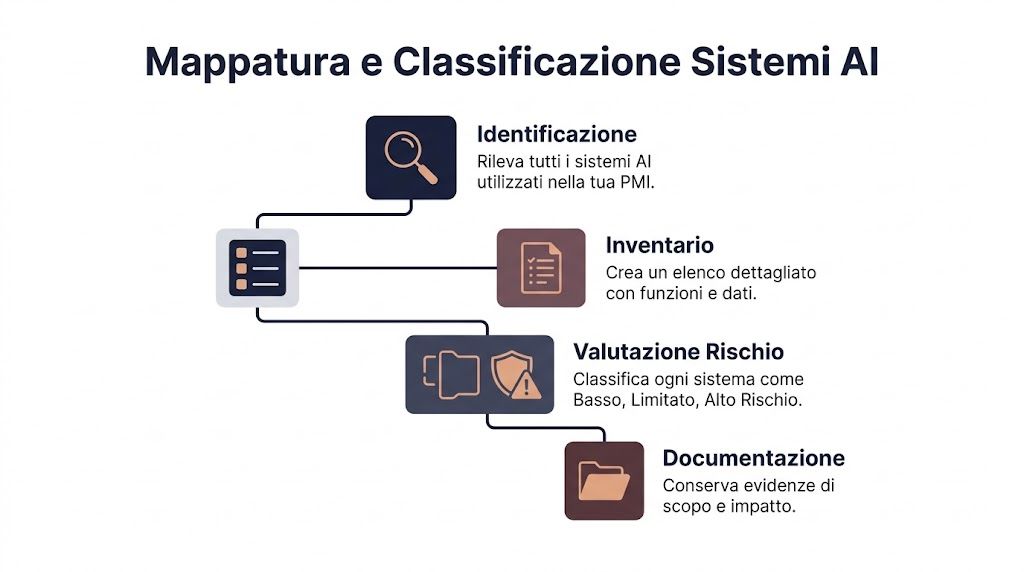 Un diagramma di flusso che illustra il processo di mappatura e classificazione dei sistemi di intelligenza artificiale.