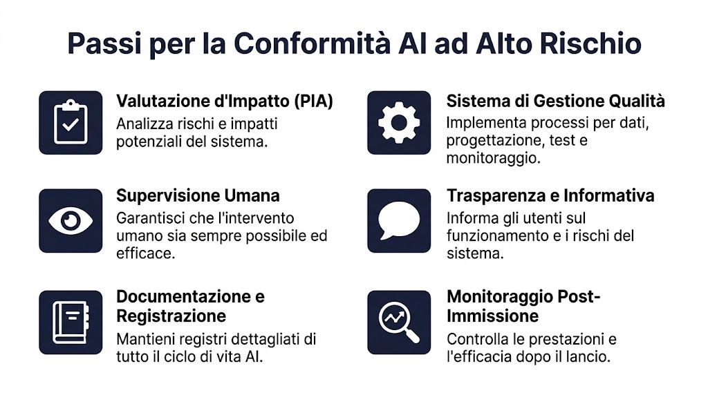 Infografica sui passaggi necessari per la conformità dei sistemi di intelligenza artificiale ad alto rischio secondo la normativa.