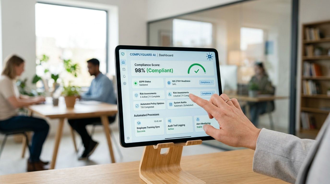 Una persona interagisce con un tablet che mostra una dashboard di conformità aziendale in un ufficio moderno.