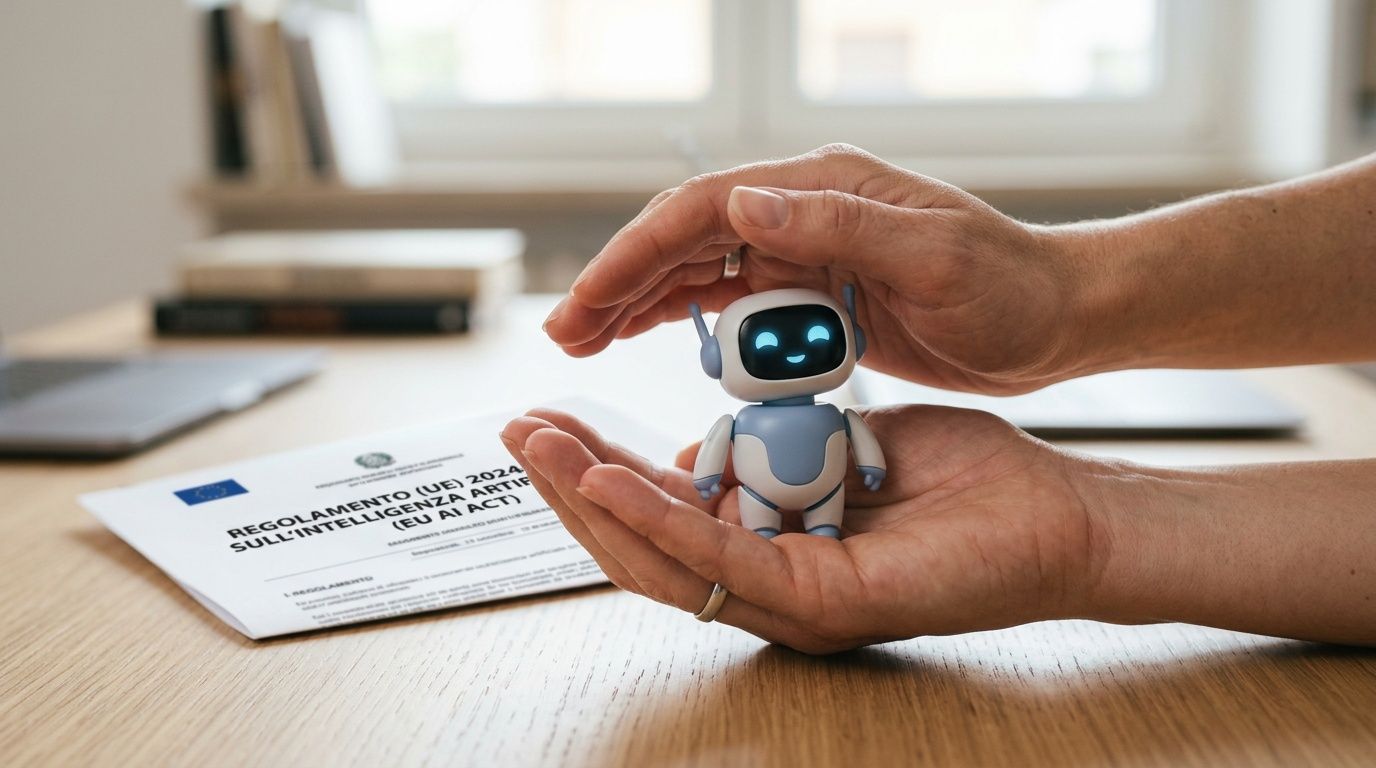 Mani che proteggono un piccolo robot amichevole accanto a un documento sul Regolamento UE sull'Intelligenza Artificiale.