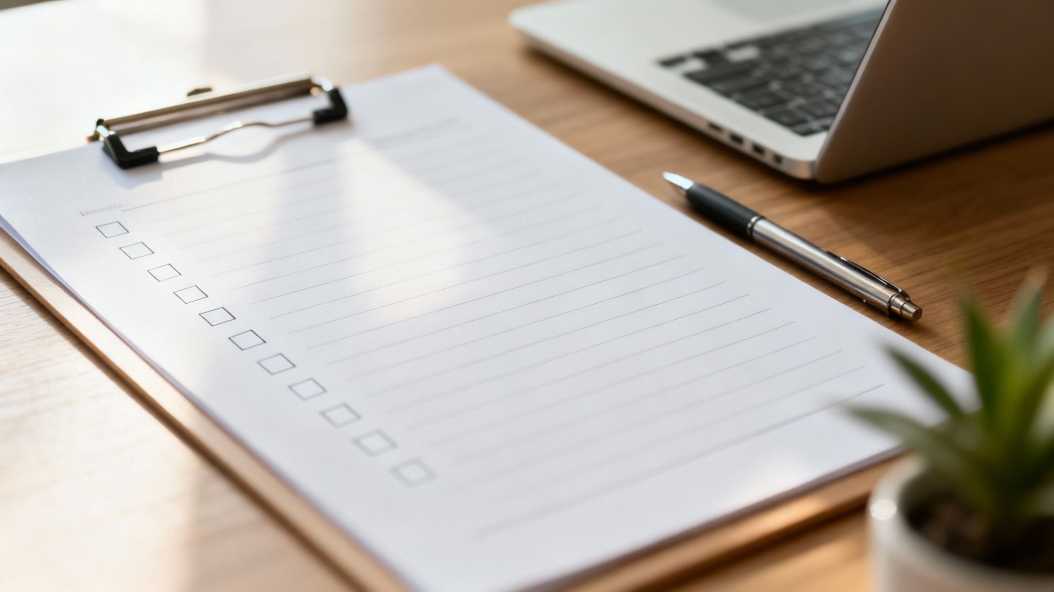 Un portablocco con una lista di controllo vuota, una penna, un laptop e una pianta su una scriviglia di legno.