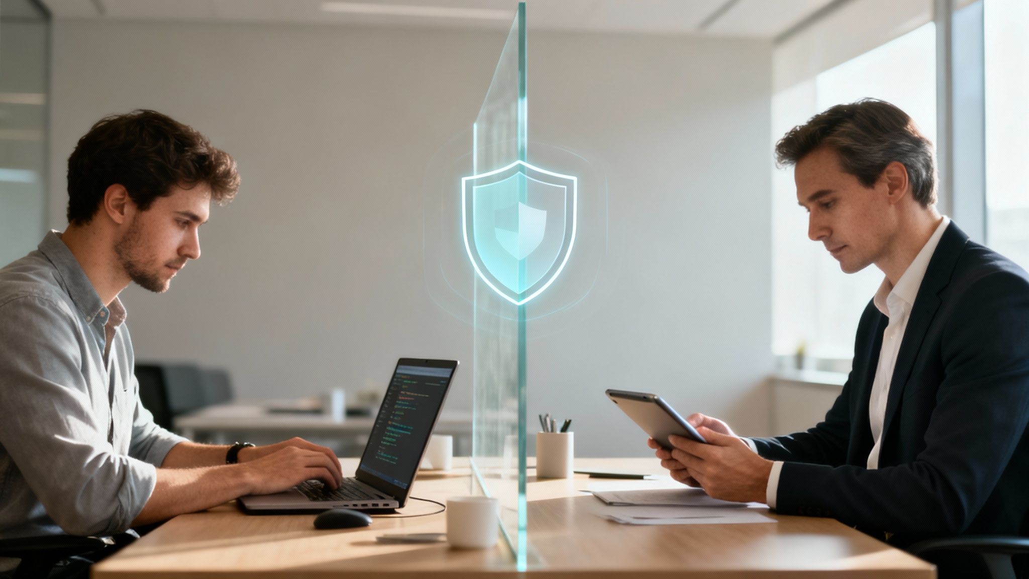Due uomini lavorano in ufficio, separati da un pannello di vetro con icona scudo digitale. Rappresenta la sicurezza dei dati.