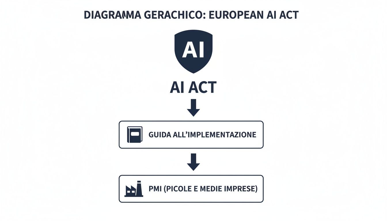 Diagramma gerarchico dell'European AI Act, illustra il percorso dalla legge alla guida d'implementazione per le PMI.