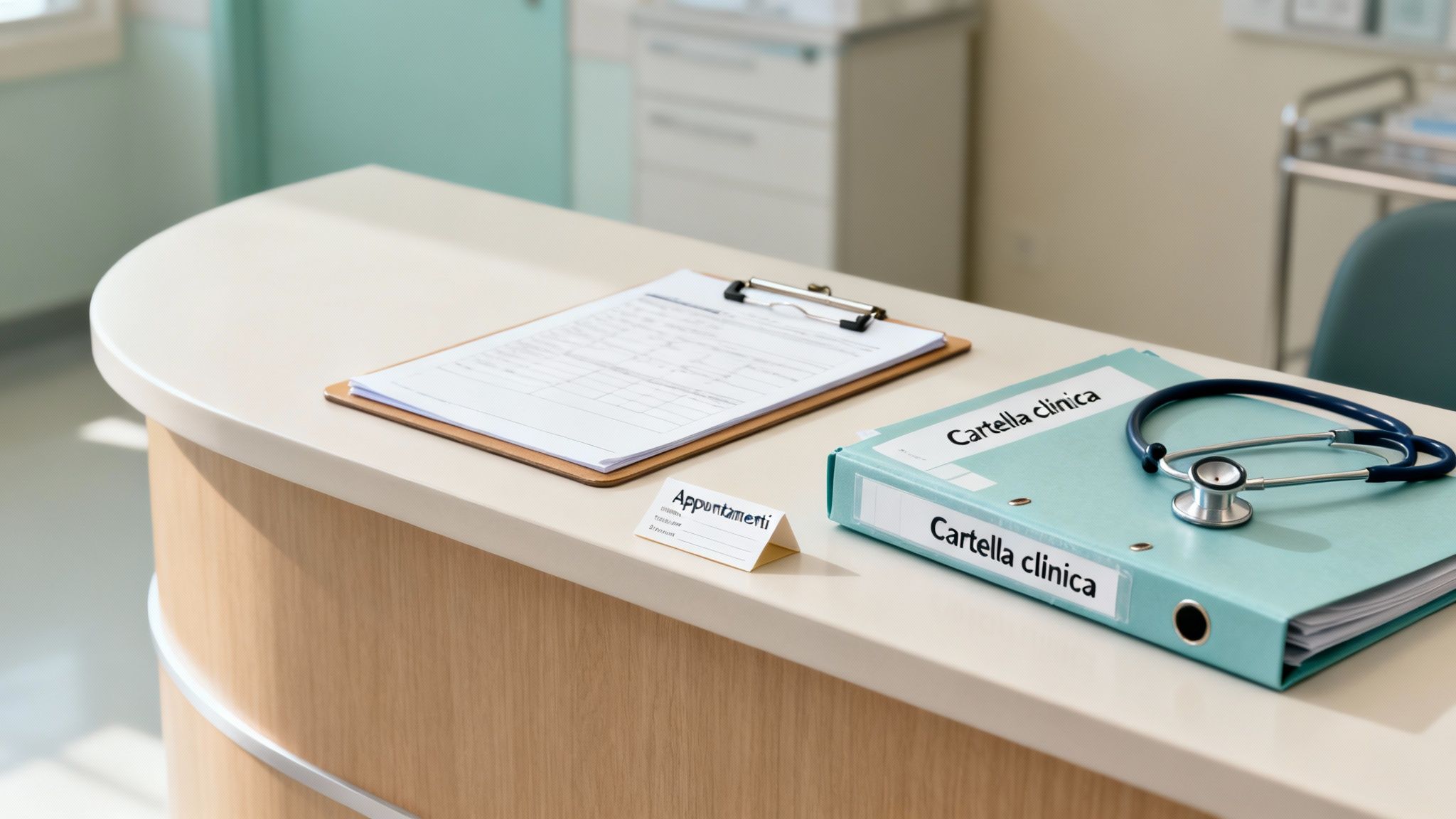 Banchetto di accettazione clinica con documenti medici, una cartella clinica e uno stetoscopio, pronto per i pazienti.