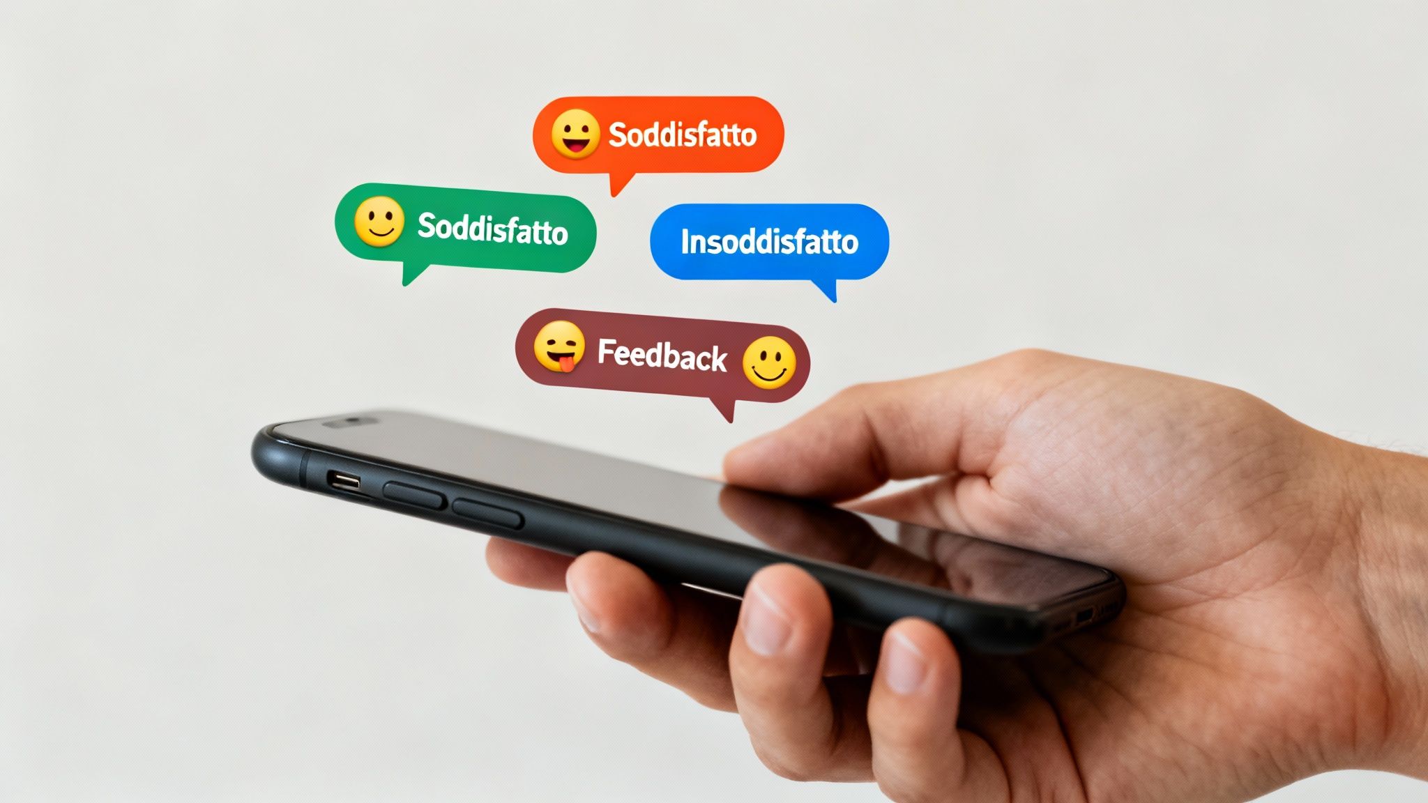 Mano che tiene uno smartphone, con fumetti di testo raffiguranti soddisfazione, insoddisfazione e feedback.