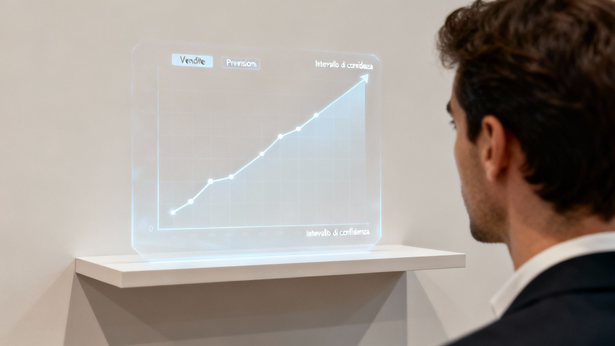 Uomo d'affari osserva un grafico olografico con dati di vendita e previsioni su una mensola bianca.