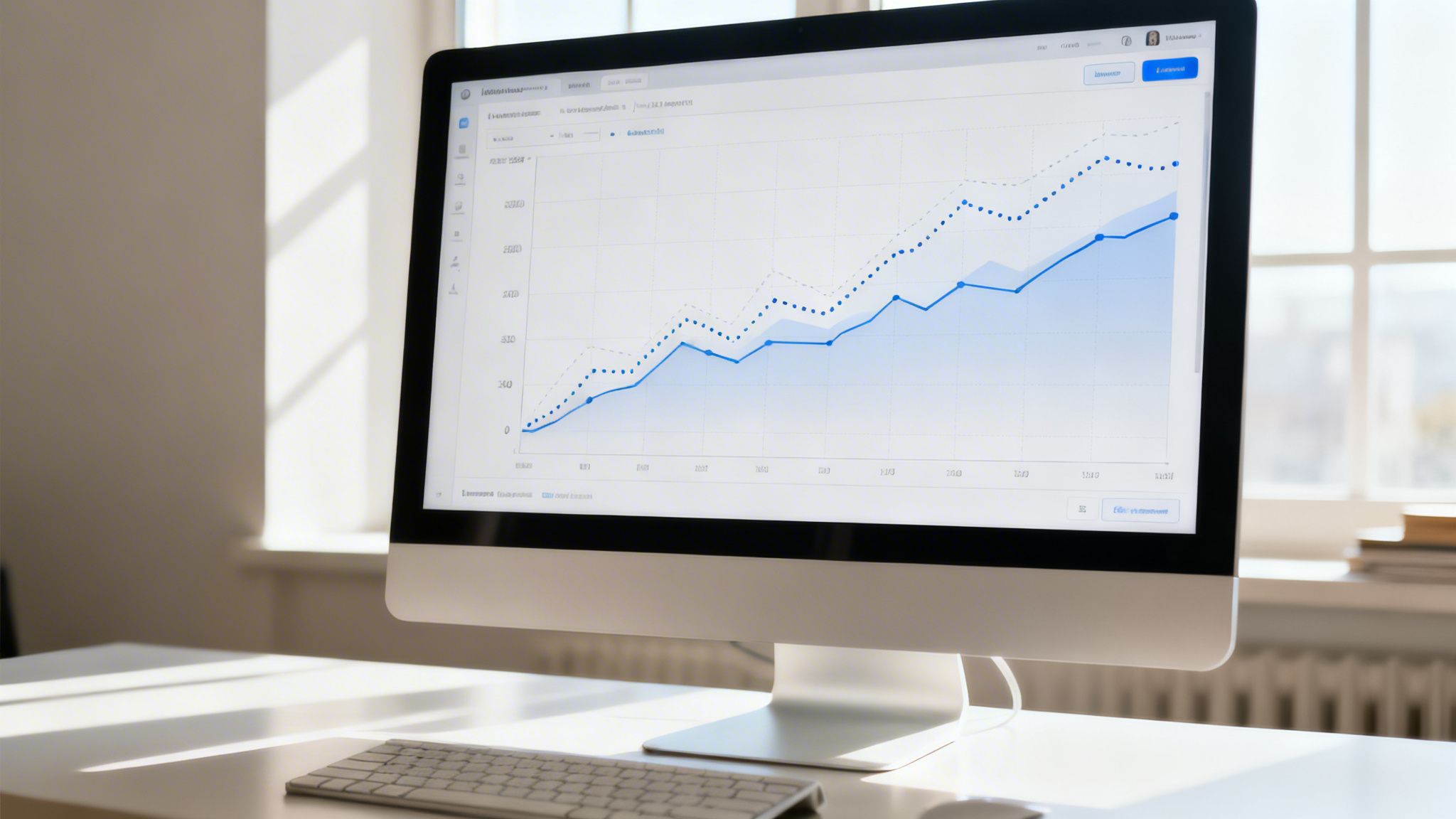 Monitor di computer su una scrivania mostra grafici a linee con dati di trend, con tastiera e finestra sullo sfondo.