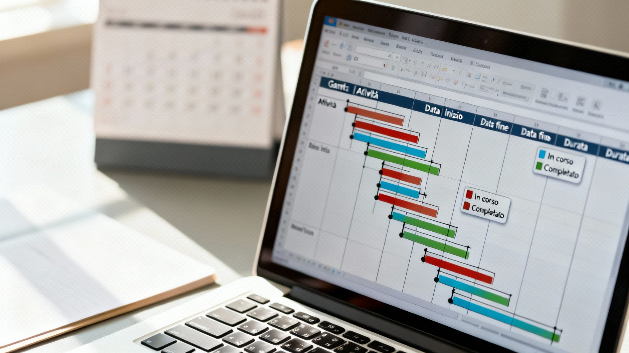 Laptop aperto che mostra una tabella Gantt in Excel per la gestione e pianificazione di progetti e attività.