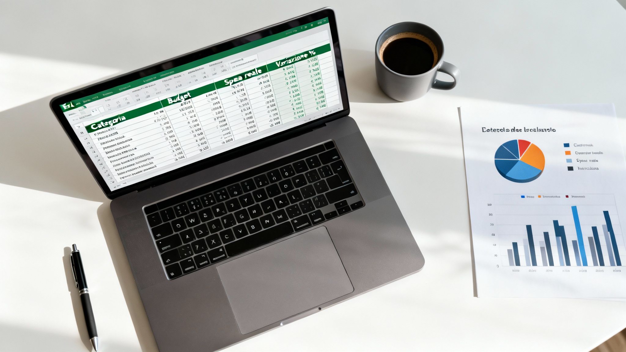 Un laptop mostra una tabella excel esempio per il budget, accanto a una tazza di caffè e un grafico.