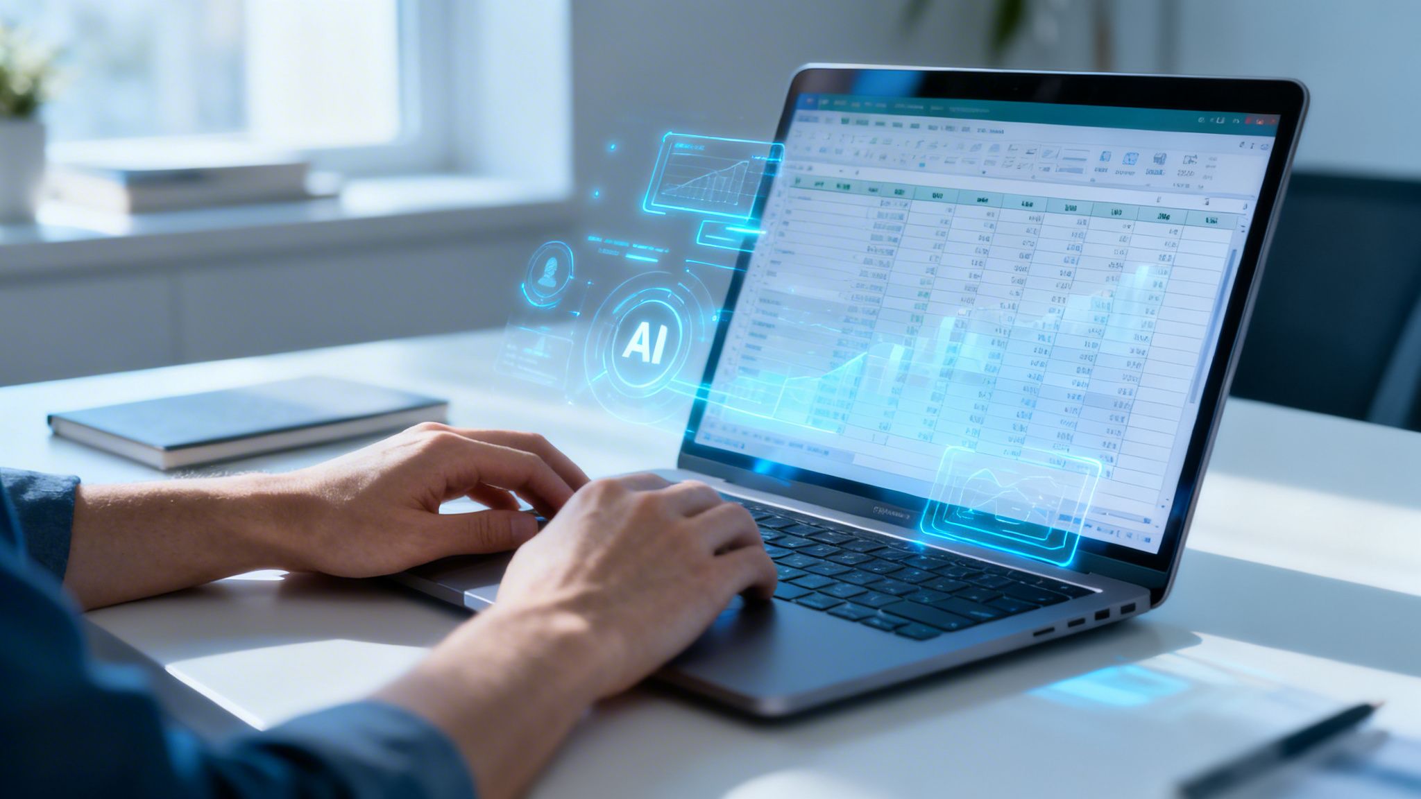 Mani che digitano su un laptop, con lo schermo che mostra dati, grafici e un'interfaccia AI.