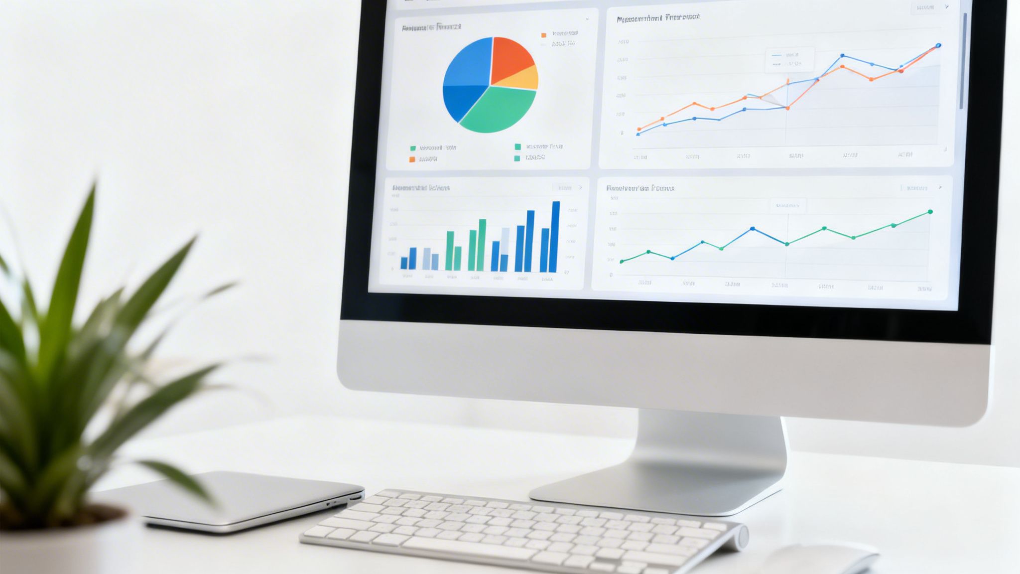 Monitor con dashboard finanziaria mostrando grafici, dati e analisi su un tavolo bianco con tastiera e pianta.