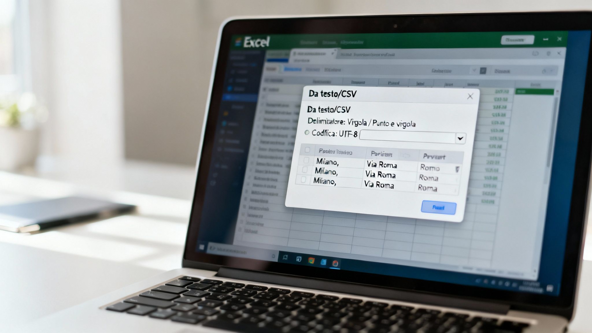Un laptop con Microsoft Excel mostra la finestra di importazione dati da testo/CSV, con codifica UTF-8 e anteprima dei dati.