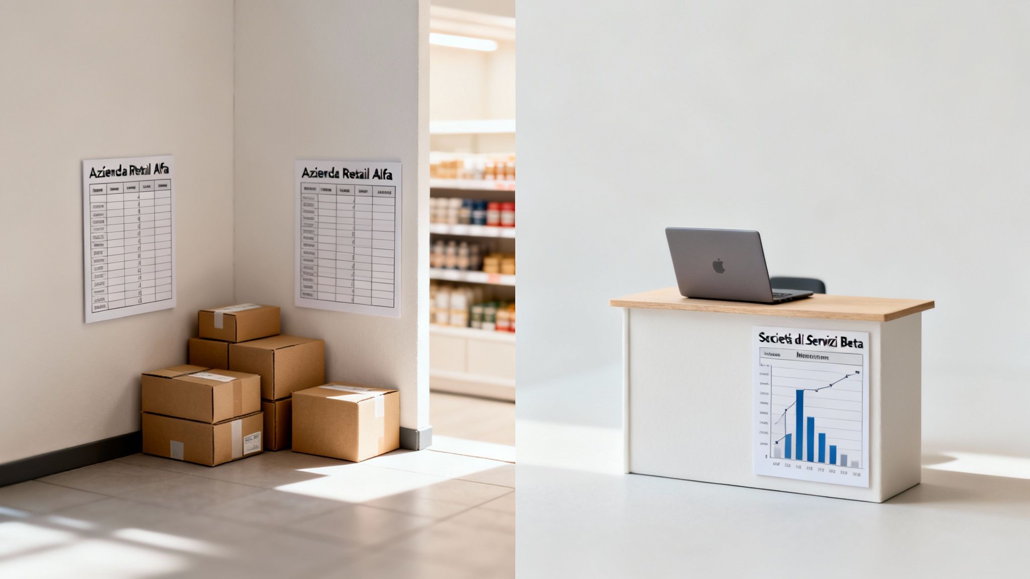 Modelli in miniatura di un angolo di negozio con scatole e grafici aziendali, e un ufficio con laptop e grafico finanziario.
