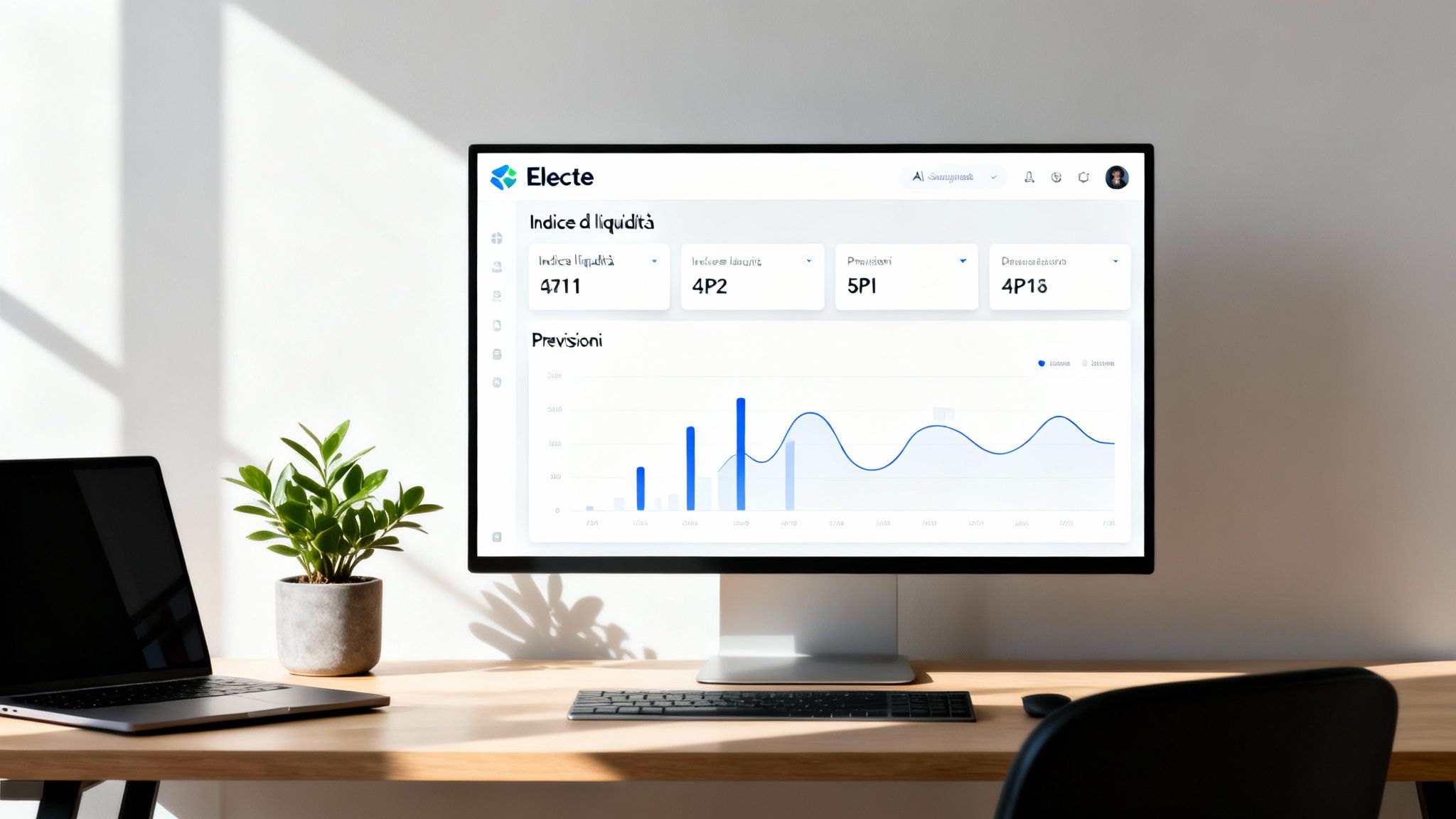 Dashboard Electe su monitor con grafici e dati finanziari, laptop e pianta su scrivania in legno.