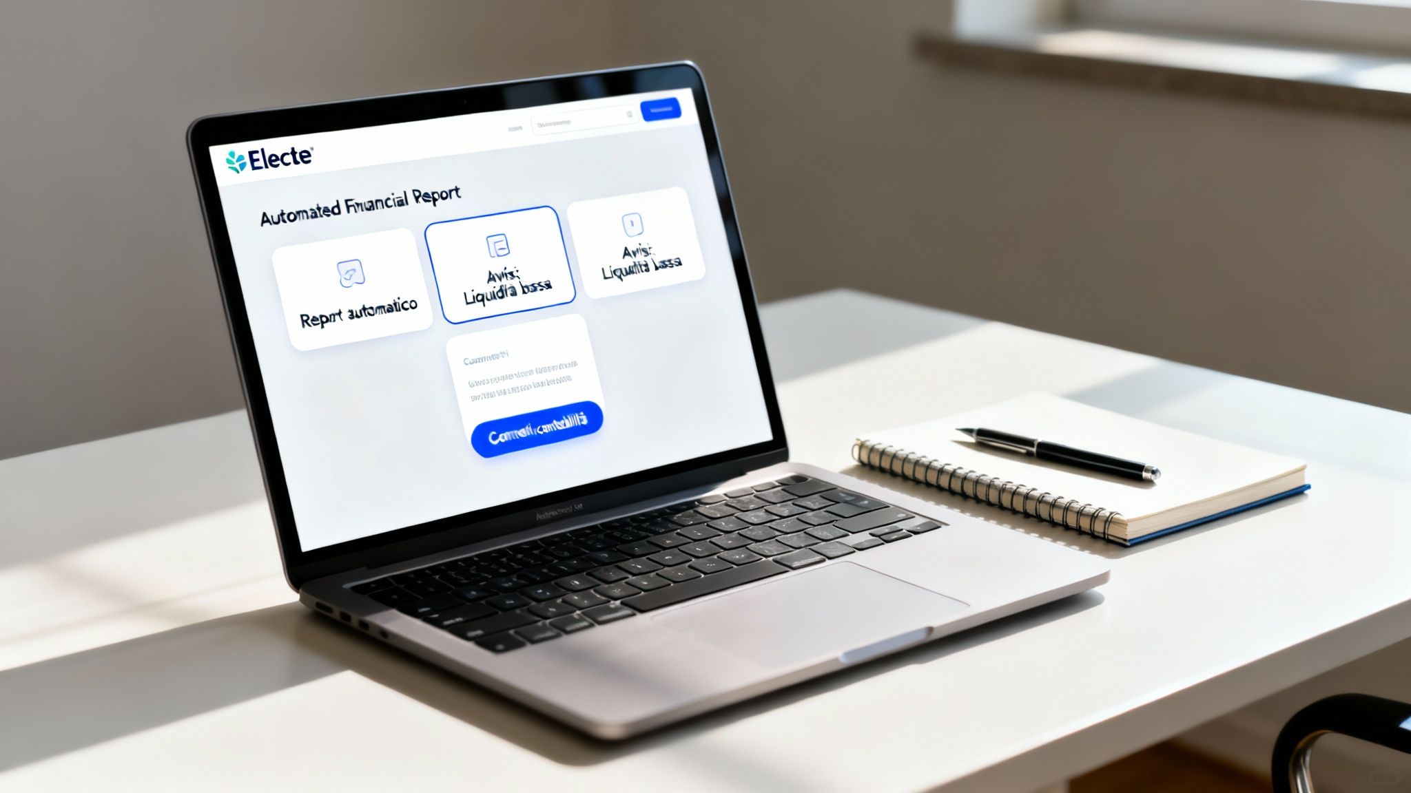Schermata laptop con report finanziario automatizzato Electe, blocco note e penna su scrivania.