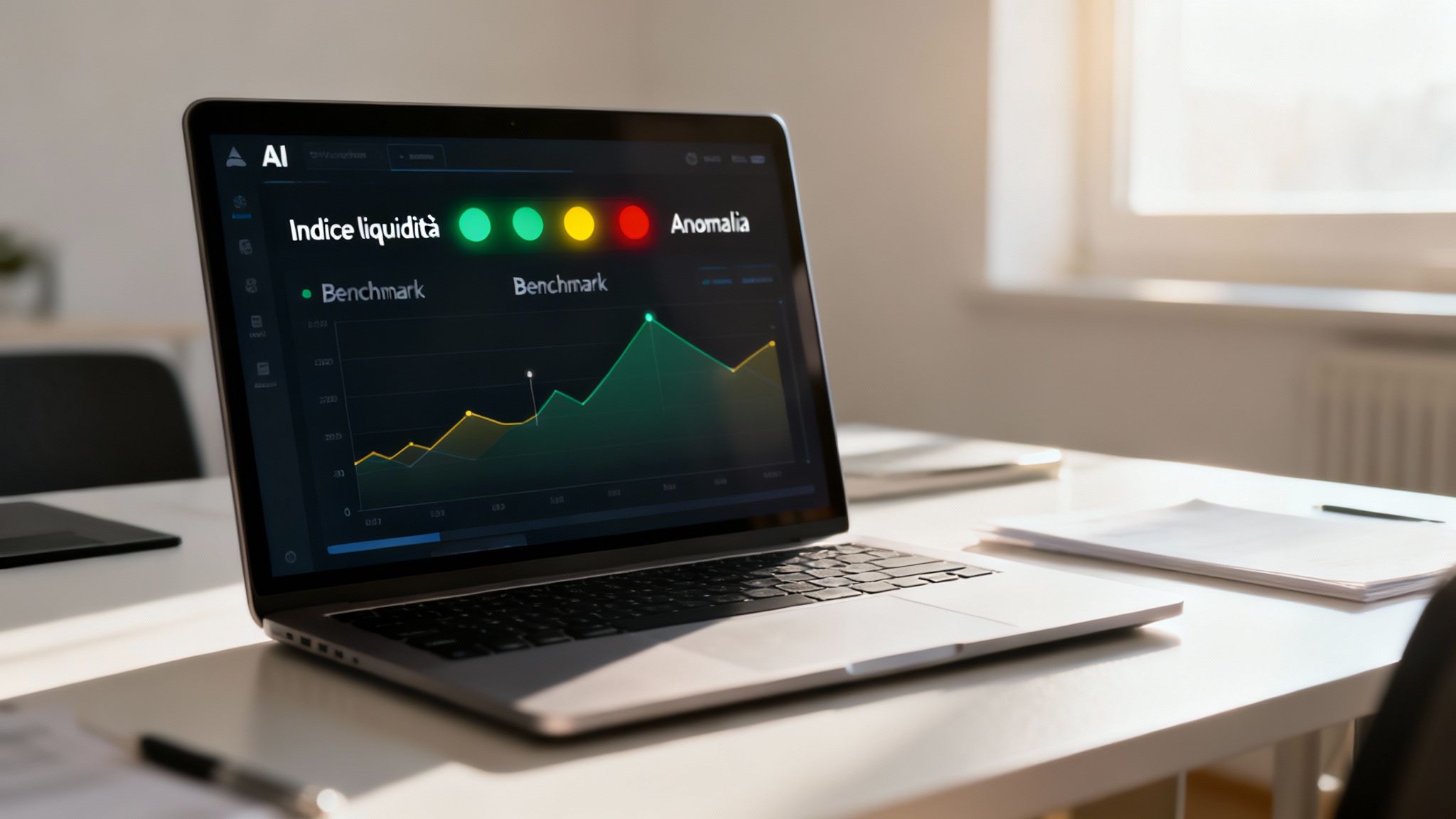 Laptop su scrivania bianca con schermo che mostra un'analisi finanziaria, indici di liquidità e anomalie con grafici e indicatori colorati.