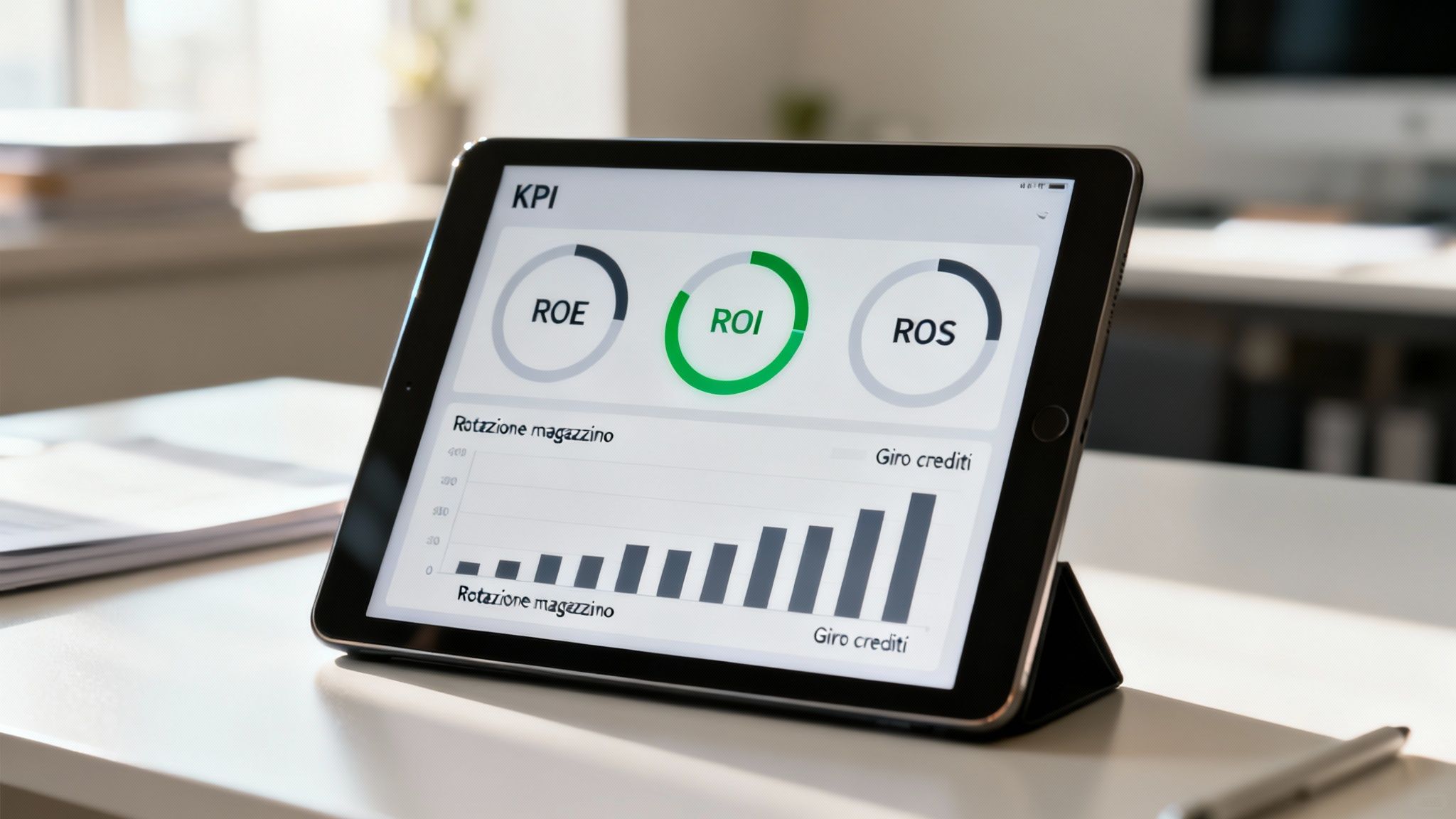 Un tablet mostra una dashboard KPI con grafici di ROI, ROE, ROS, rotazione magazzino e giro crediti su una scrivania in ufficio, per l'analisi aziendale.