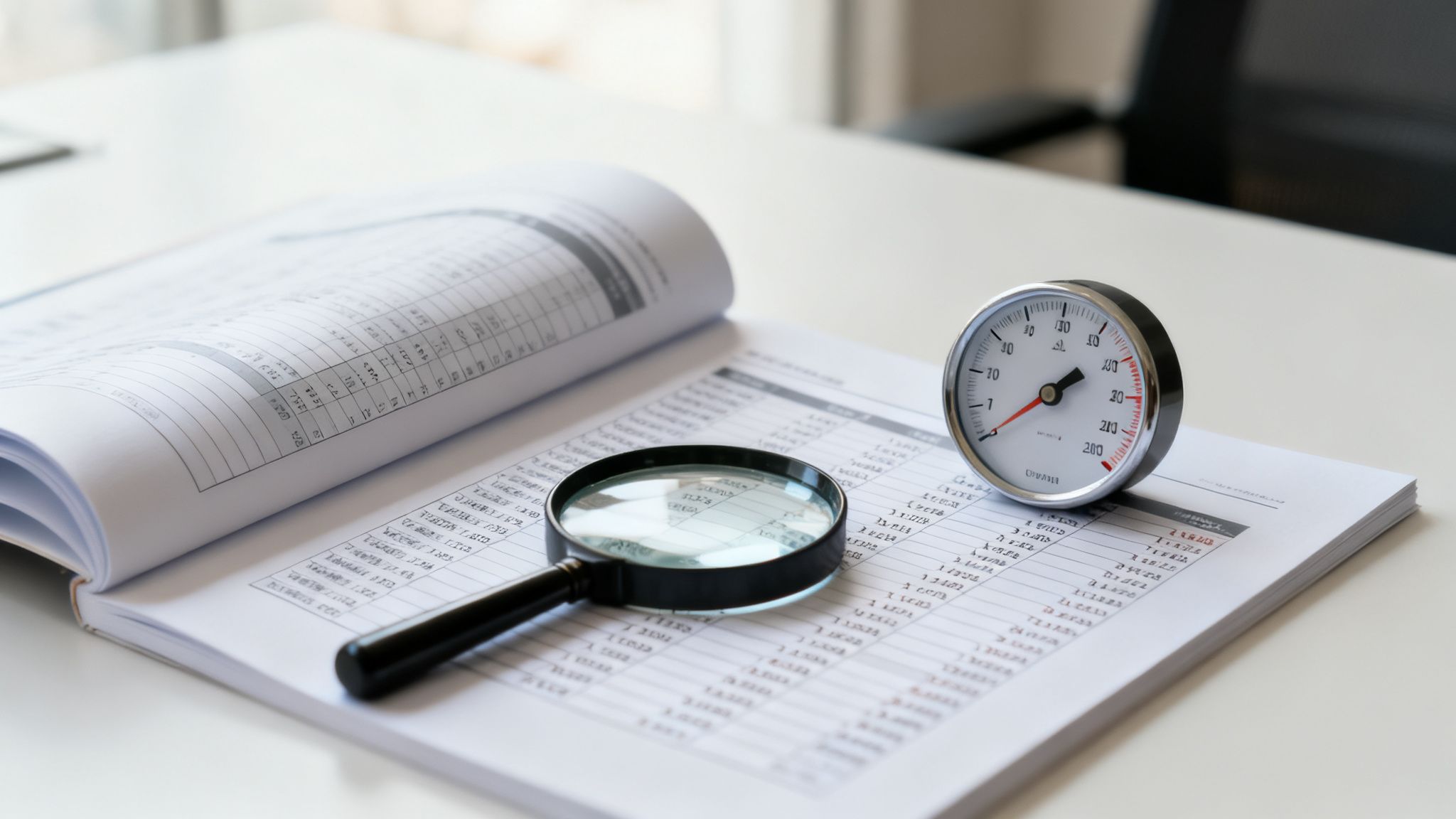 Documenti finanziari con lente d'ingrandimento e indicatore, simbolo di analisi approfondita dei dati e bilanci.