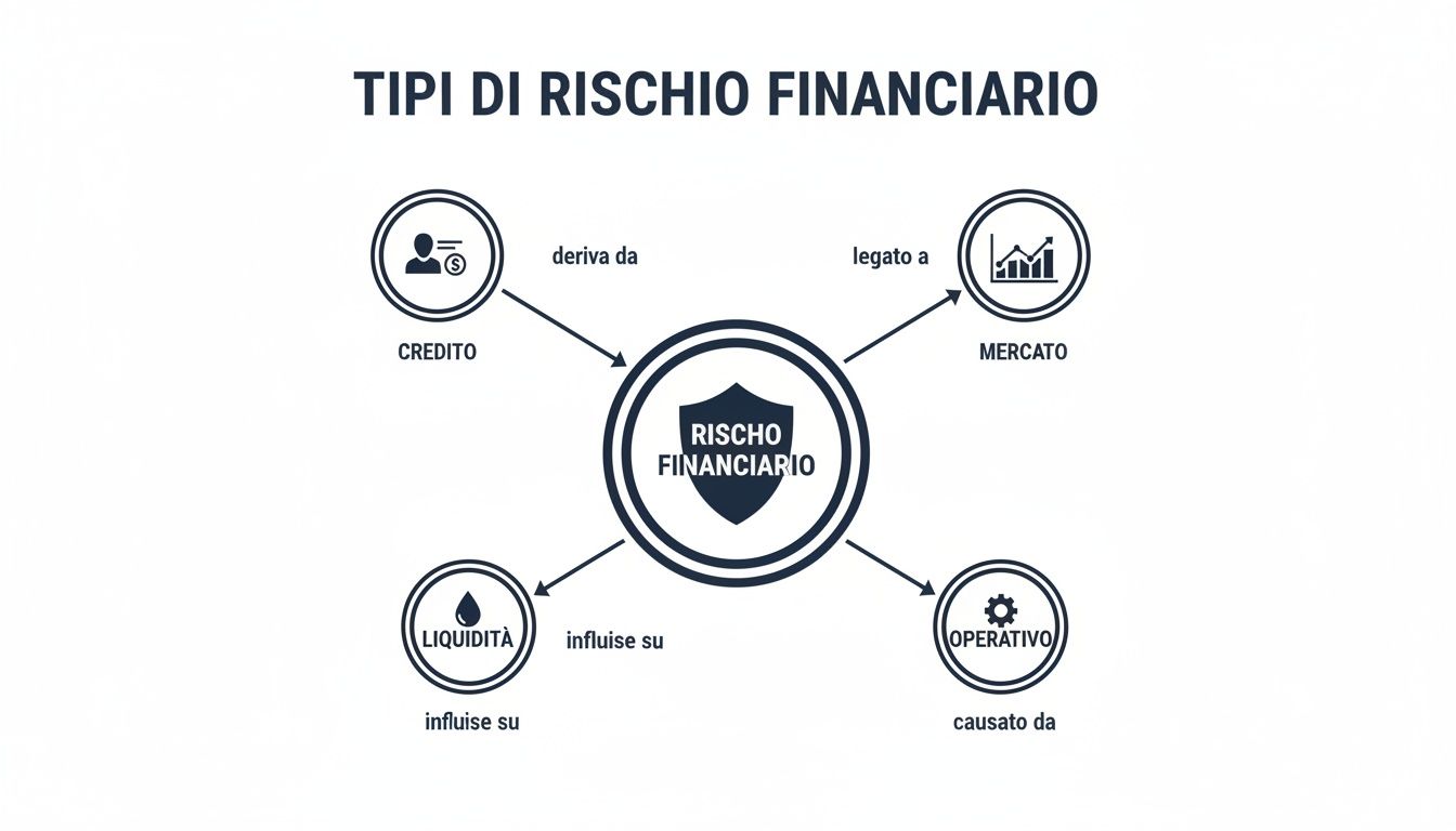 Infografica sui tipi di rischio finanziario: credito, mercato, liquidità e operativo.