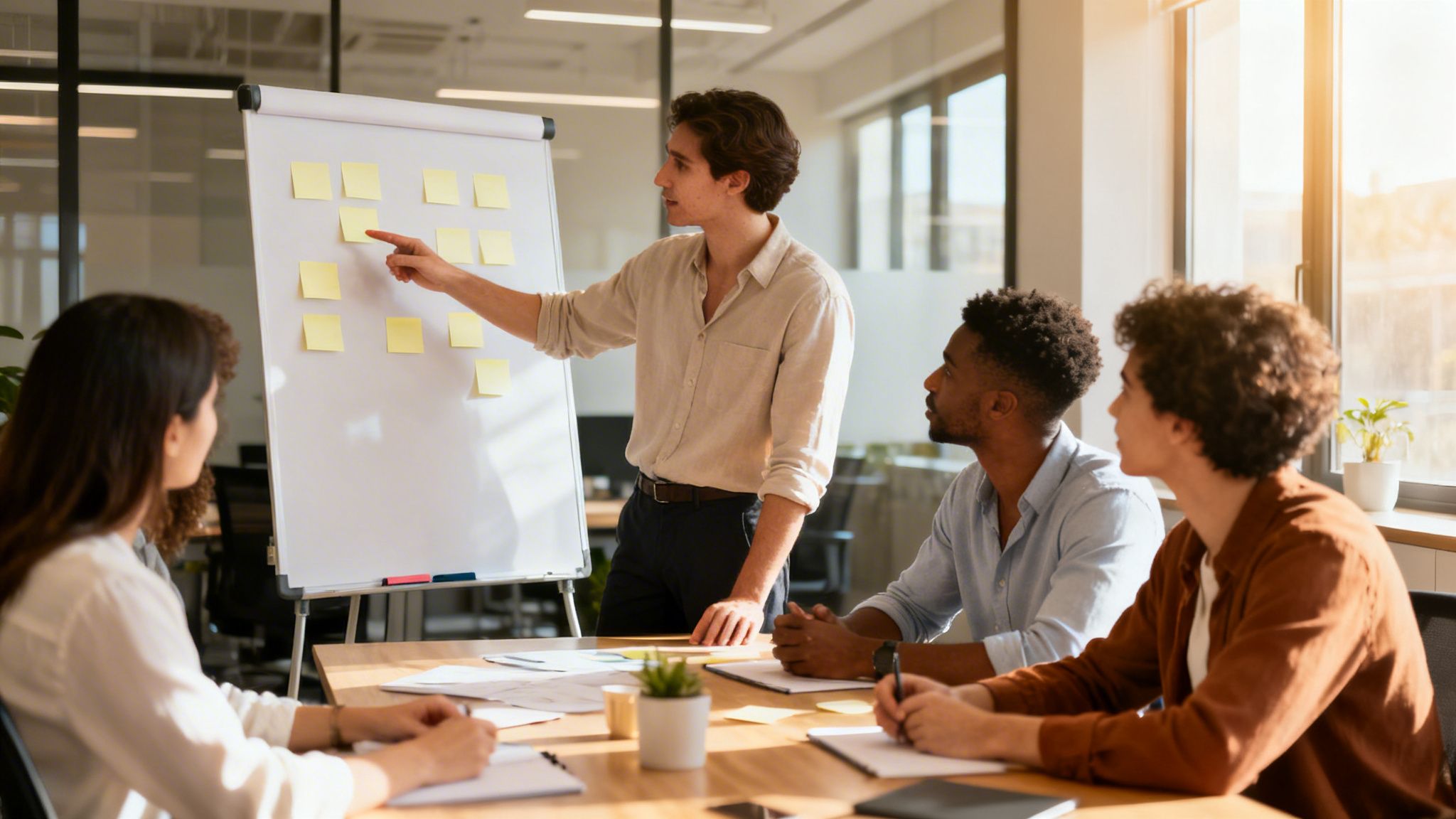 Giovani professionisti a una riunione in ufficio. Un uomo presenta idee su una lavagna con post-it.