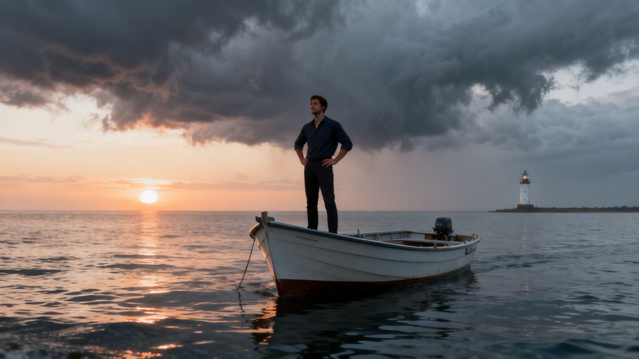 Un uomo in piedi su una piccola barca guarda il tramonto con cielo nuvoloso e un faro.