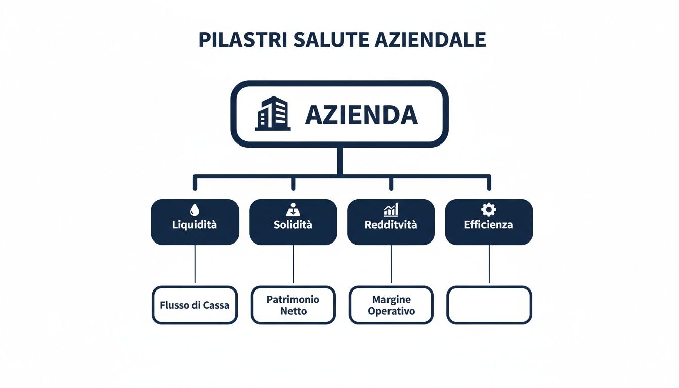 Diagramma organizzativo dei pilastri della salute aziendale: Liquidità, Solidità, Redditività ed Efficienza con i relativi indicatori.